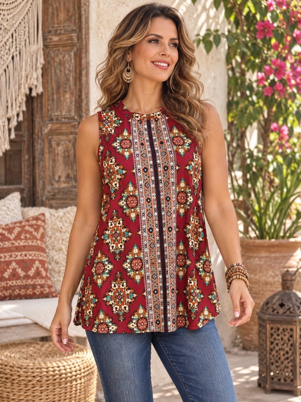 New Directions rust red print sleeveless tunic top